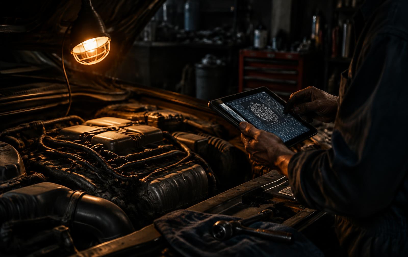 Mecânico analisando o motor de um carro com um tablet